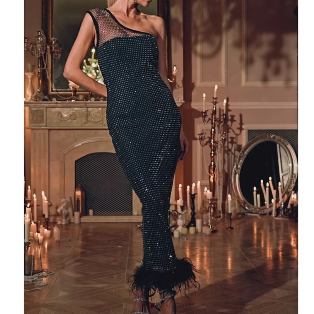 NWT Mew Mews Black Rhinestone‎ Bowie Mesh Diamond Feather Bandage Maxi Dress L